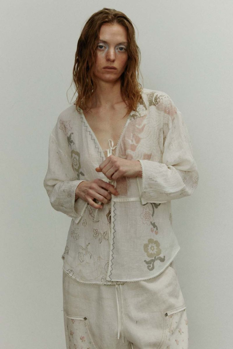 Printed Patchwork Tie-Front Long-Sleeve Cardigan