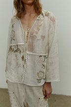 Printed Patchwork Tie-Front Long-Sleeve Cardigan