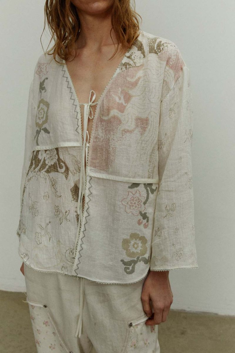 Printed Patchwork Tie-Front Long-Sleeve Cardigan