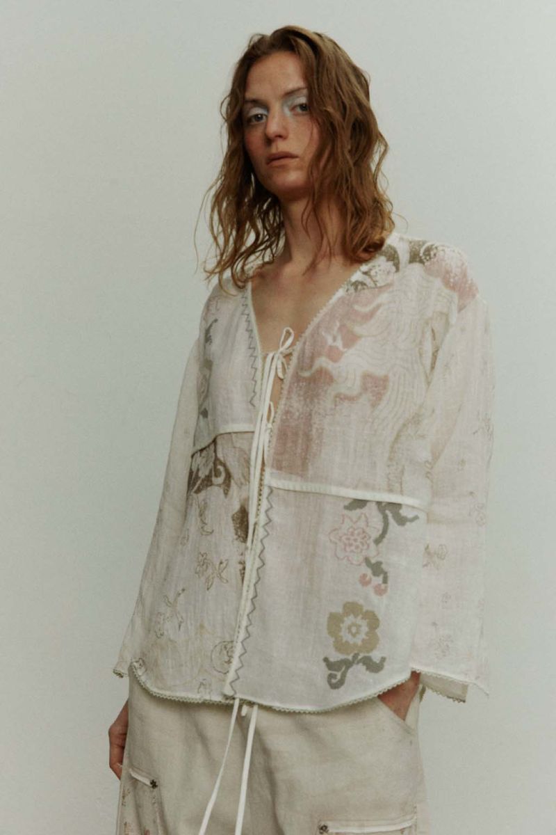 Printed Patchwork Tie-Front Long-Sleeve Cardigan