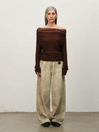 Linen-Wool Cowl Neck Off-Shoulder Top