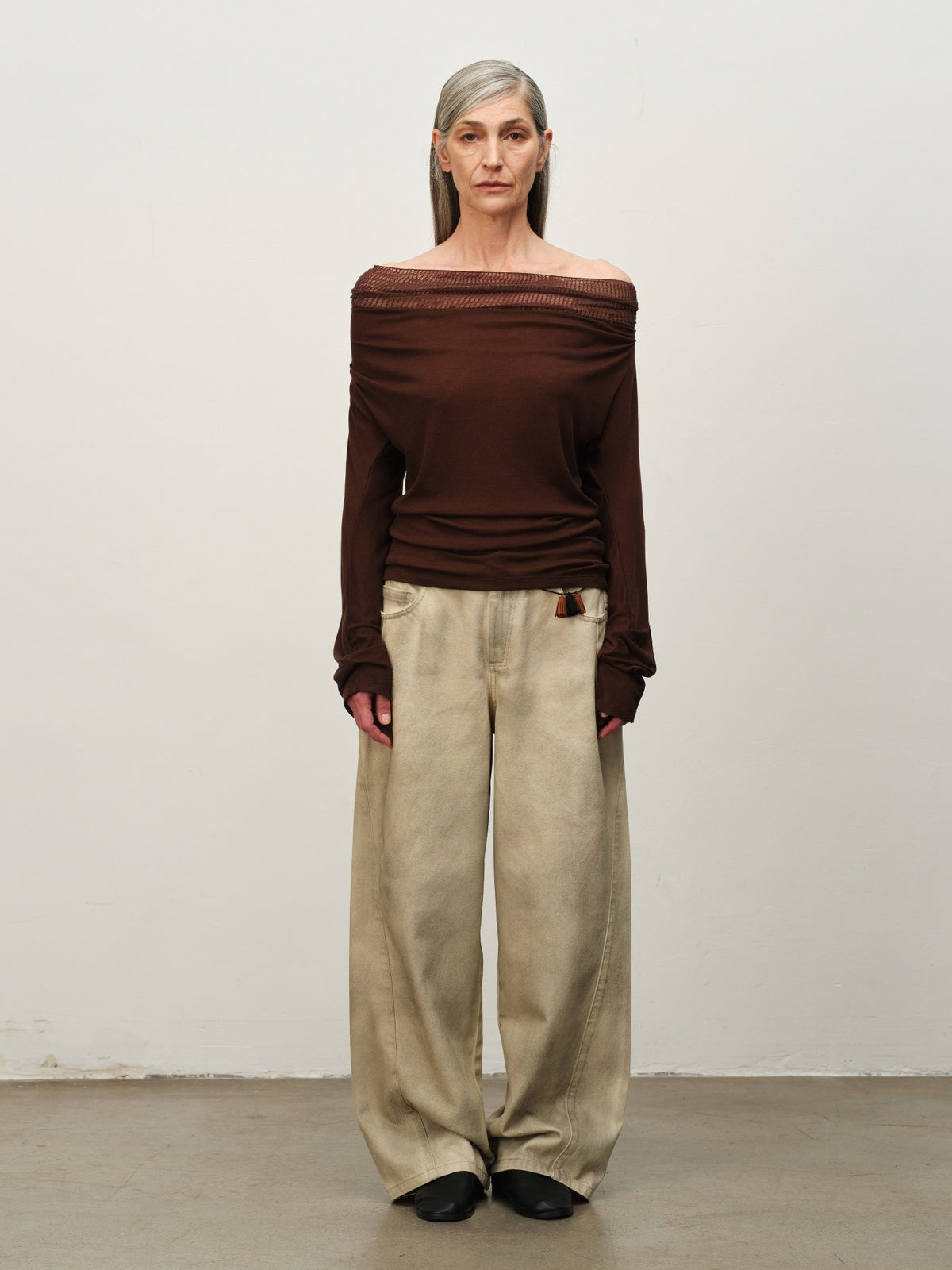 Linen-Wool Cowl Neck Off-Shoulder Top