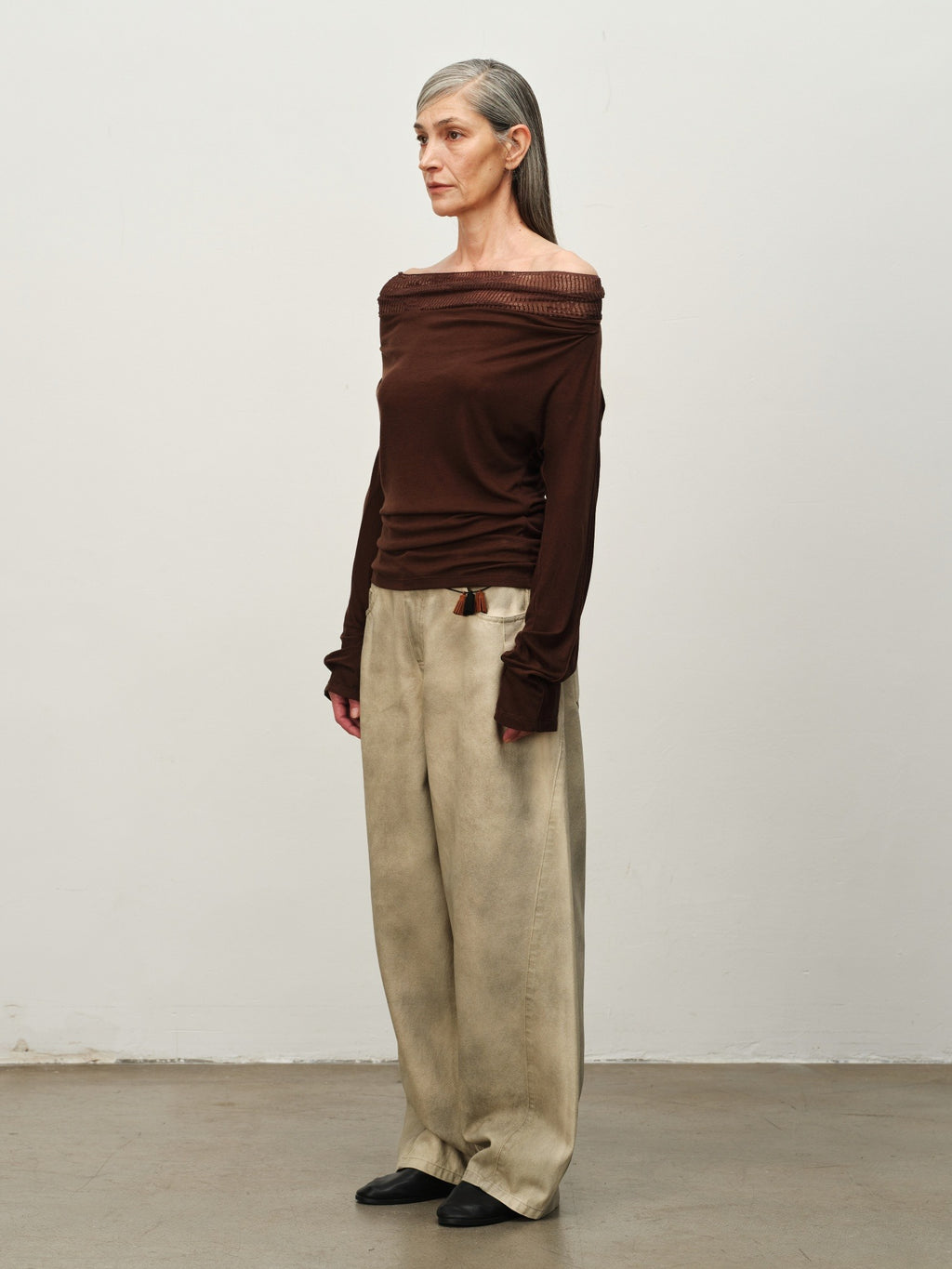 Linen-Wool Cowl Neck Off-Shoulder Top