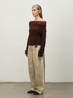 Linen-Wool Cowl Neck Off-Shoulder Top