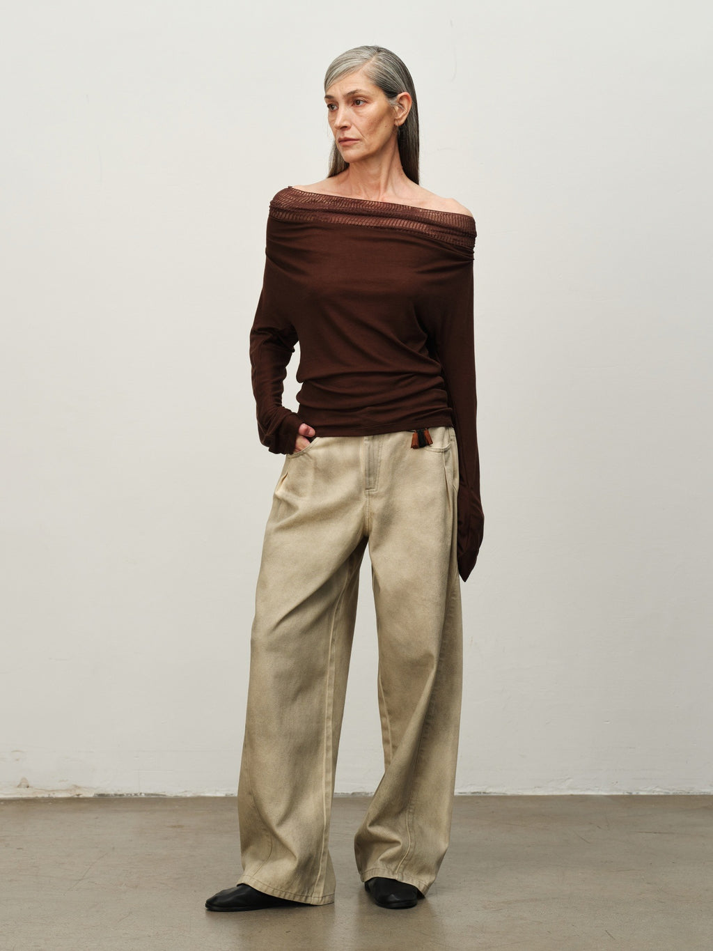 Linen-Wool Cowl Neck Off-Shoulder Top