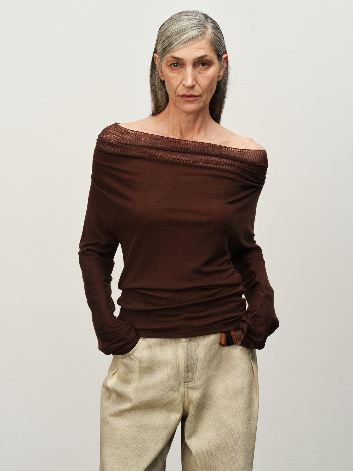 Linen-Wool Cowl Neck Off-Shoulder Top
