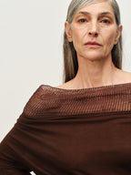 Linen-Wool Cowl Neck Off-Shoulder Top