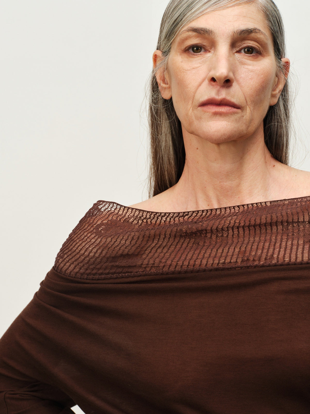 Linen-Wool Cowl Neck Off-Shoulder Top