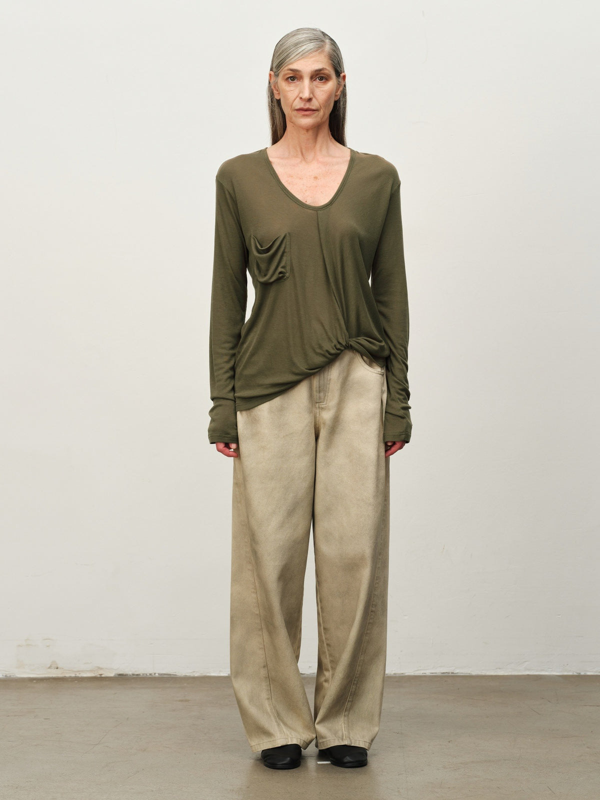Twist-Hem U-Neck Long-Sleeve Tee