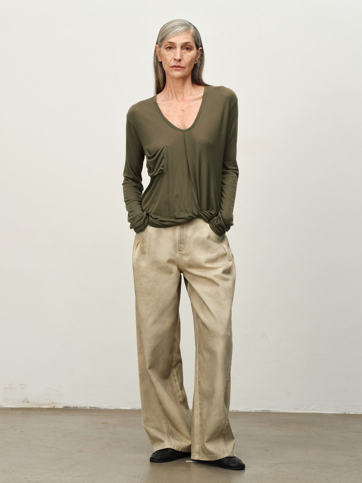 Twist-Hem U-Neck Long-Sleeve Tee
