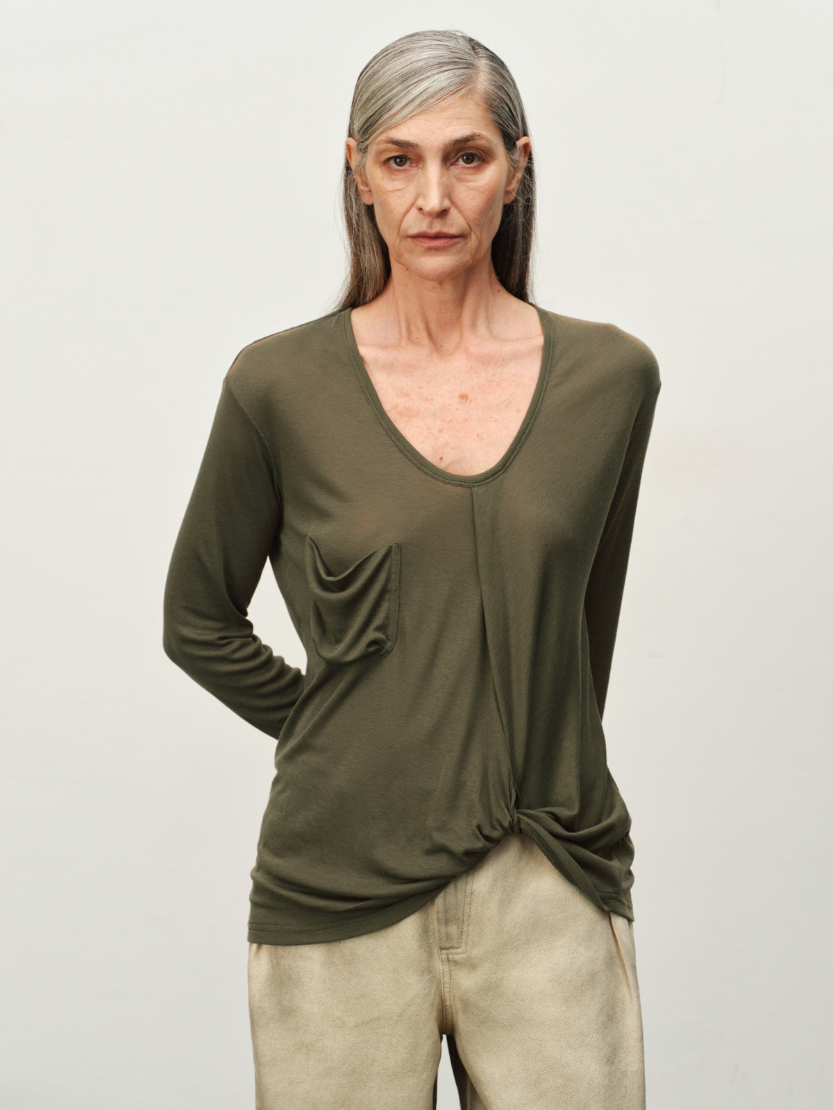 Twist-Hem U-Neck Long-Sleeve Tee
