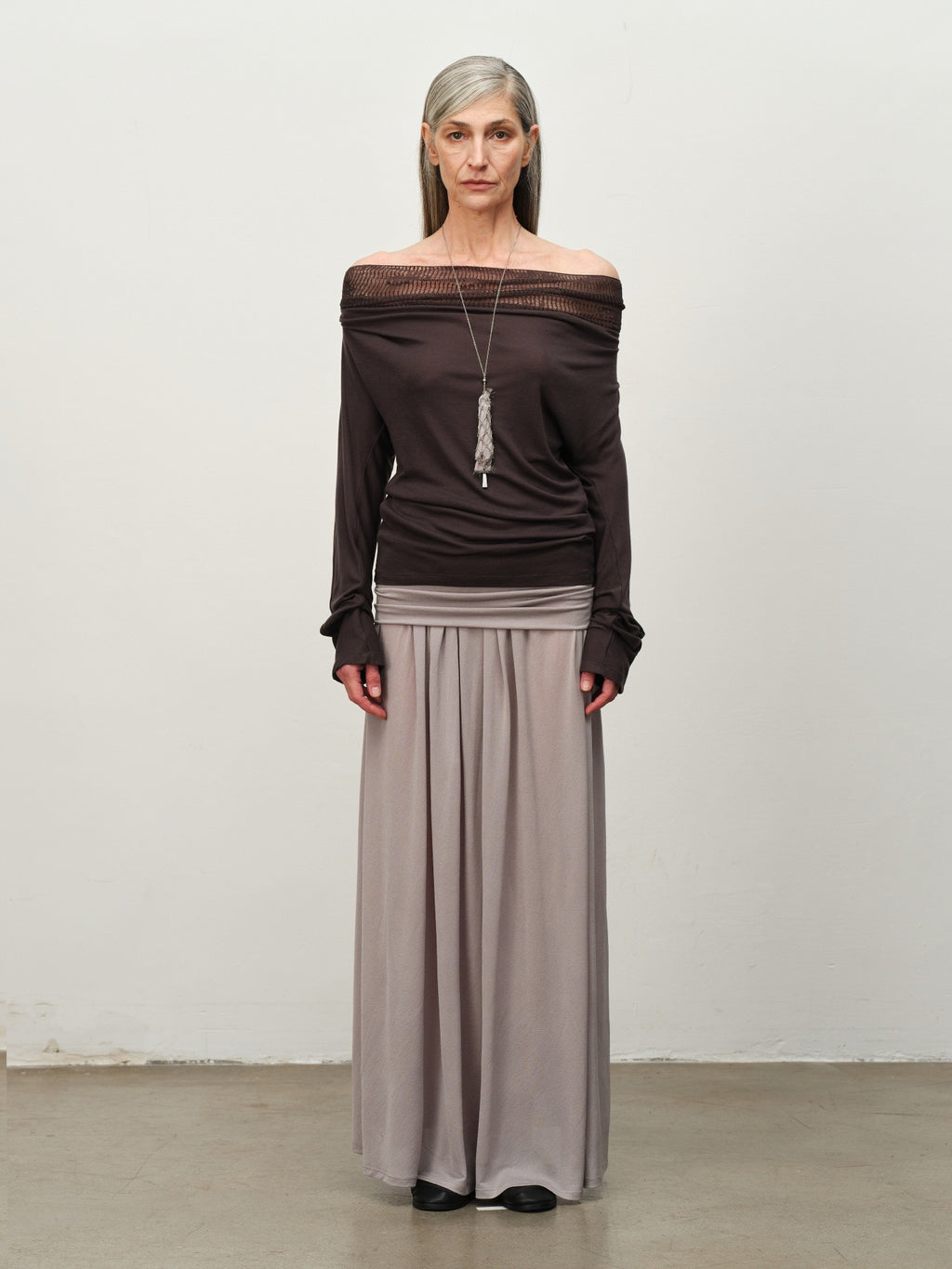 Linen-Wool Cowl Neck Off-Shoulder Top