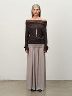 Linen-Wool Cowl Neck Off-Shoulder Top