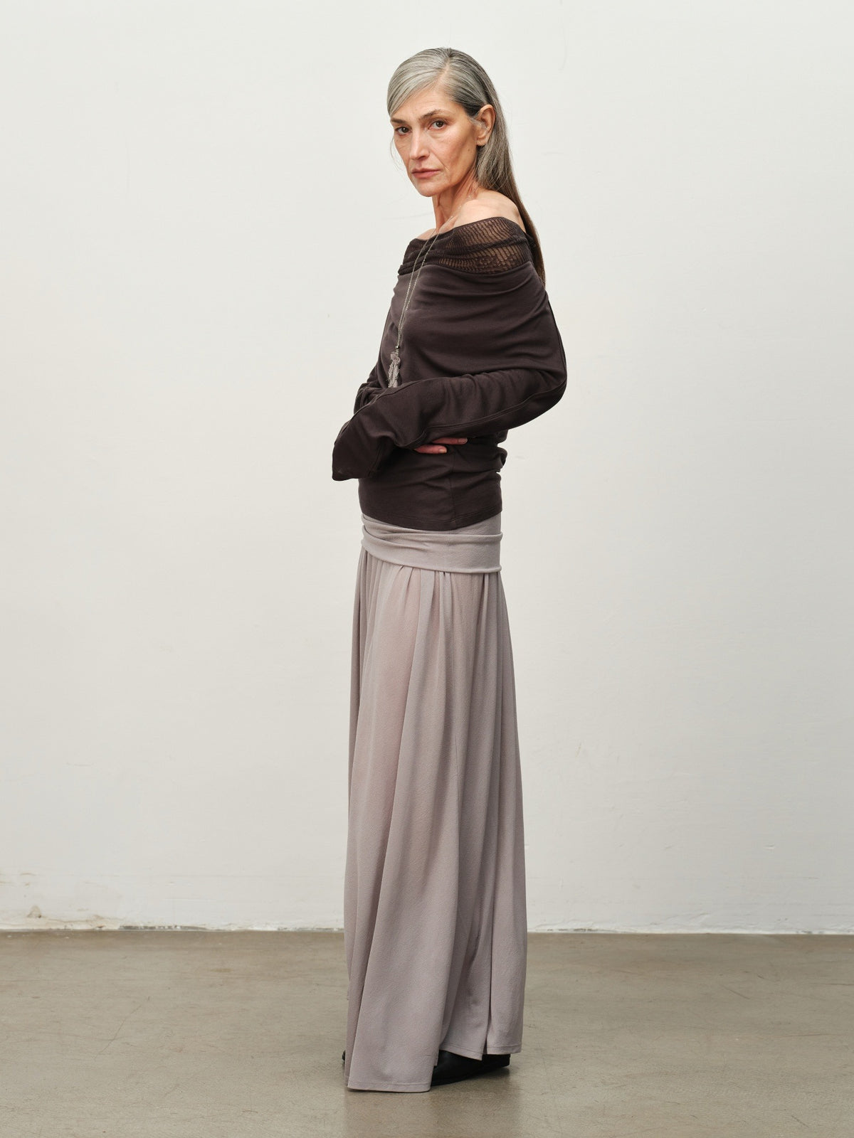 Linen-Wool Cowl Neck Off-Shoulder Top