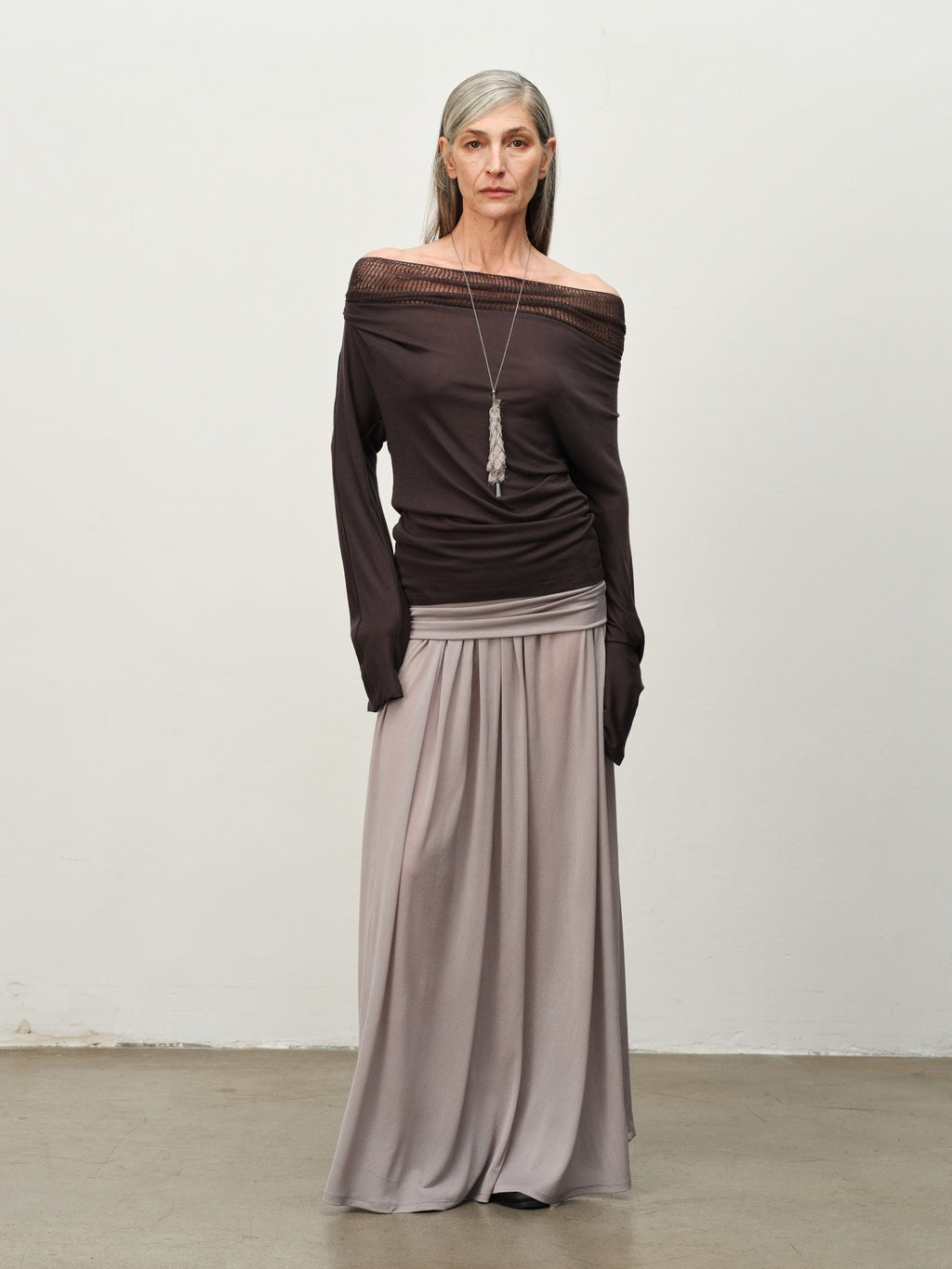 Linen-Wool Cowl Neck Off-Shoulder Top