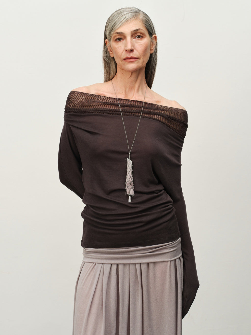 Linen-Wool Cowl Neck Off-Shoulder Top