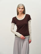 Faux Two-Piece Lace Colorblock Top