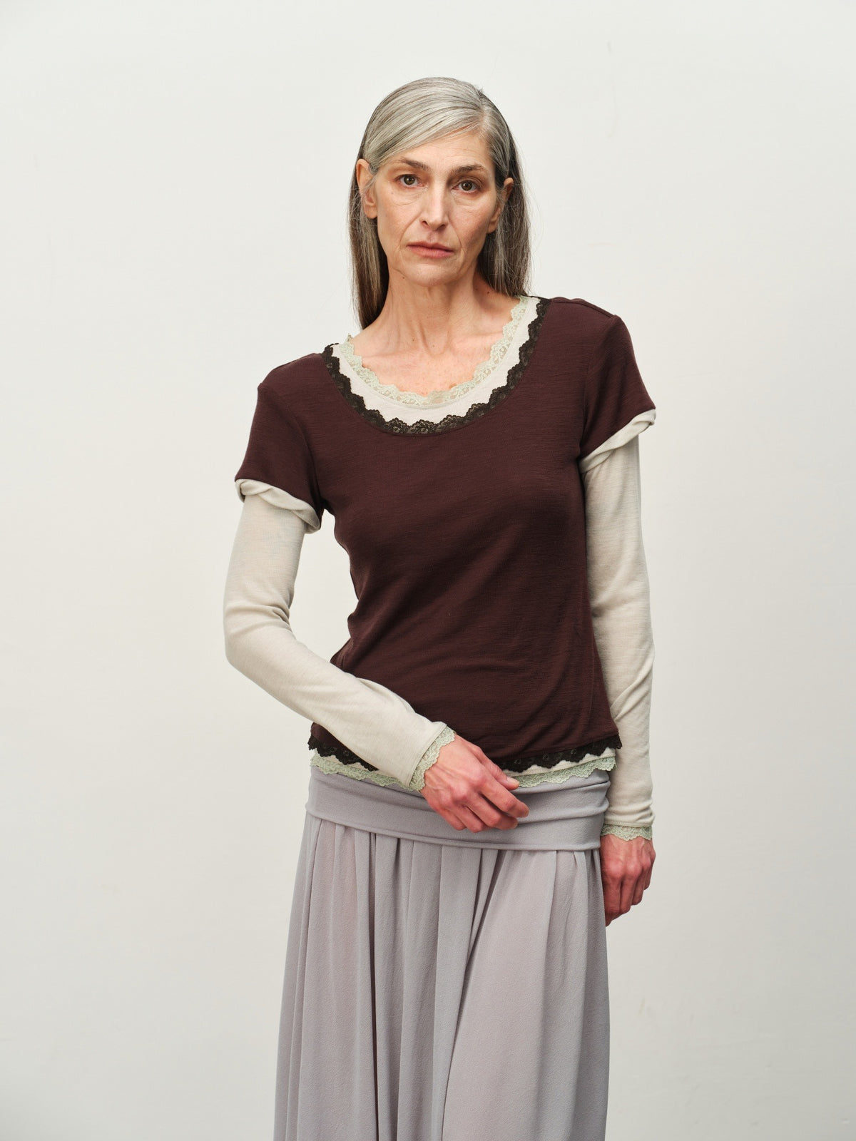 Faux Two-Piece Lace Colorblock Top