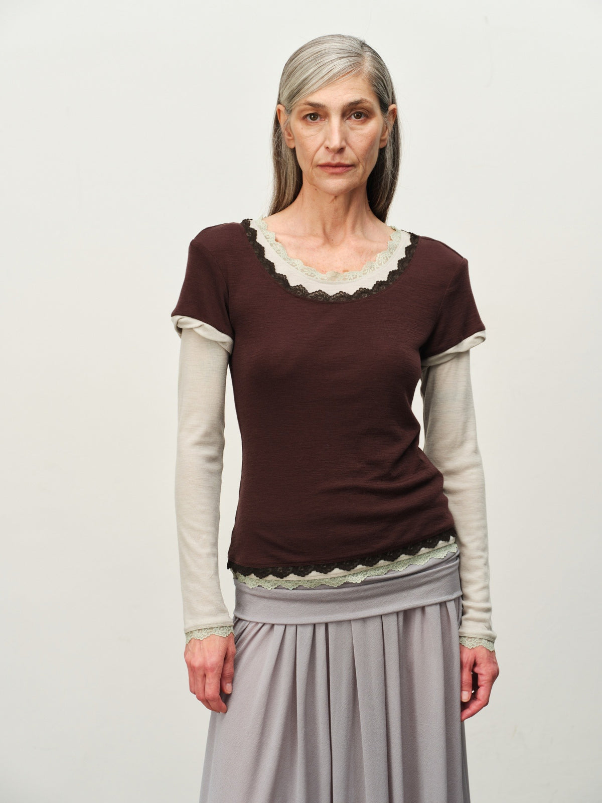 Faux Two-Piece Lace Colorblock Top