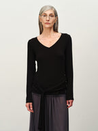 Tie-Hem V-Neck Long-Sleeve Tee