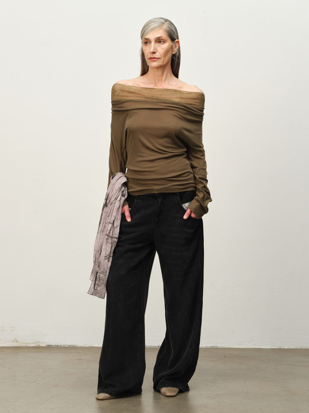 Linen-Wool Cowl Neck Off-Shoulder Top