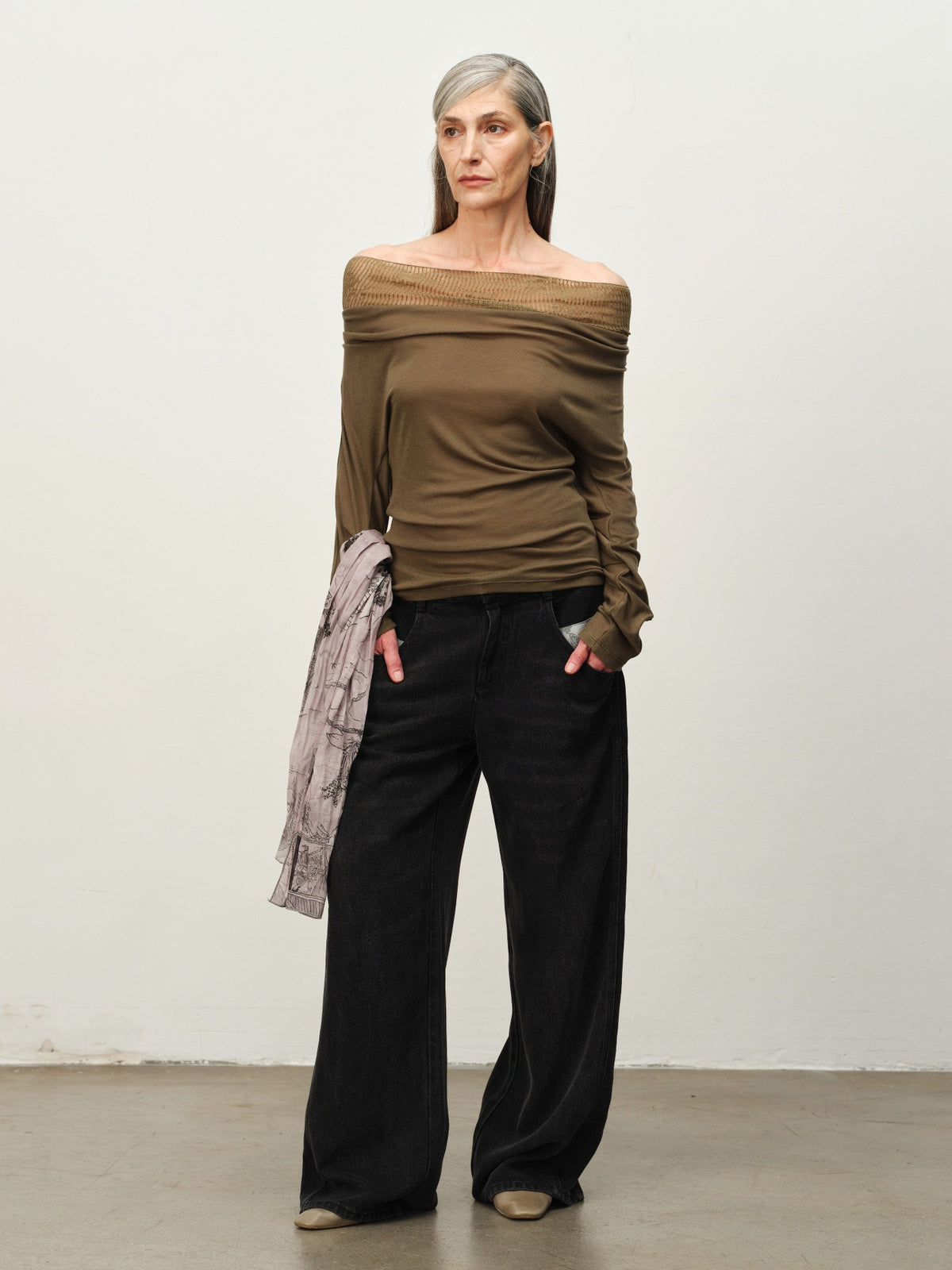 Linen-Wool Cowl Neck Off-Shoulder Top