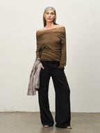 Linen-Wool Cowl Neck Off-Shoulder Top