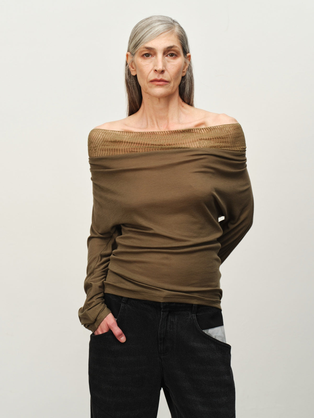 Linen-Wool Cowl Neck Off-Shoulder Top