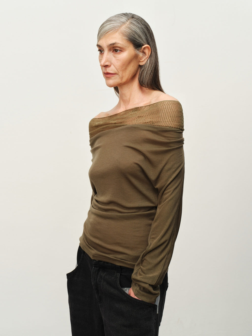 Linen-Wool Cowl Neck Off-Shoulder Top