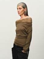 Linen-Wool Cowl Neck Off-Shoulder Top