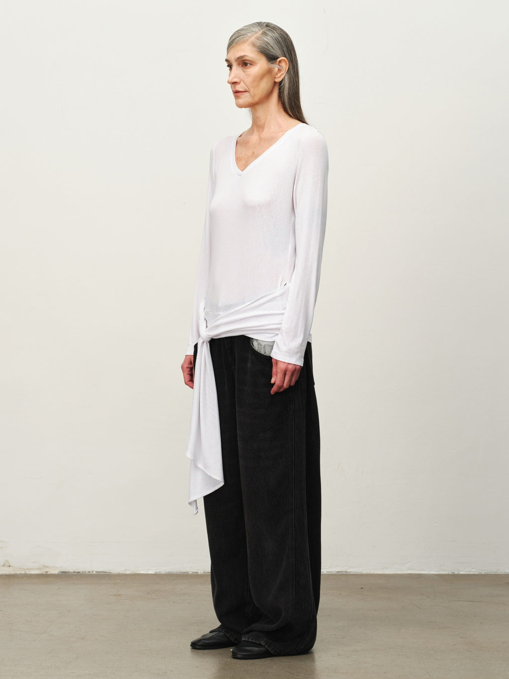 Tie-Hem V-Neck Long-Sleeve Tee
