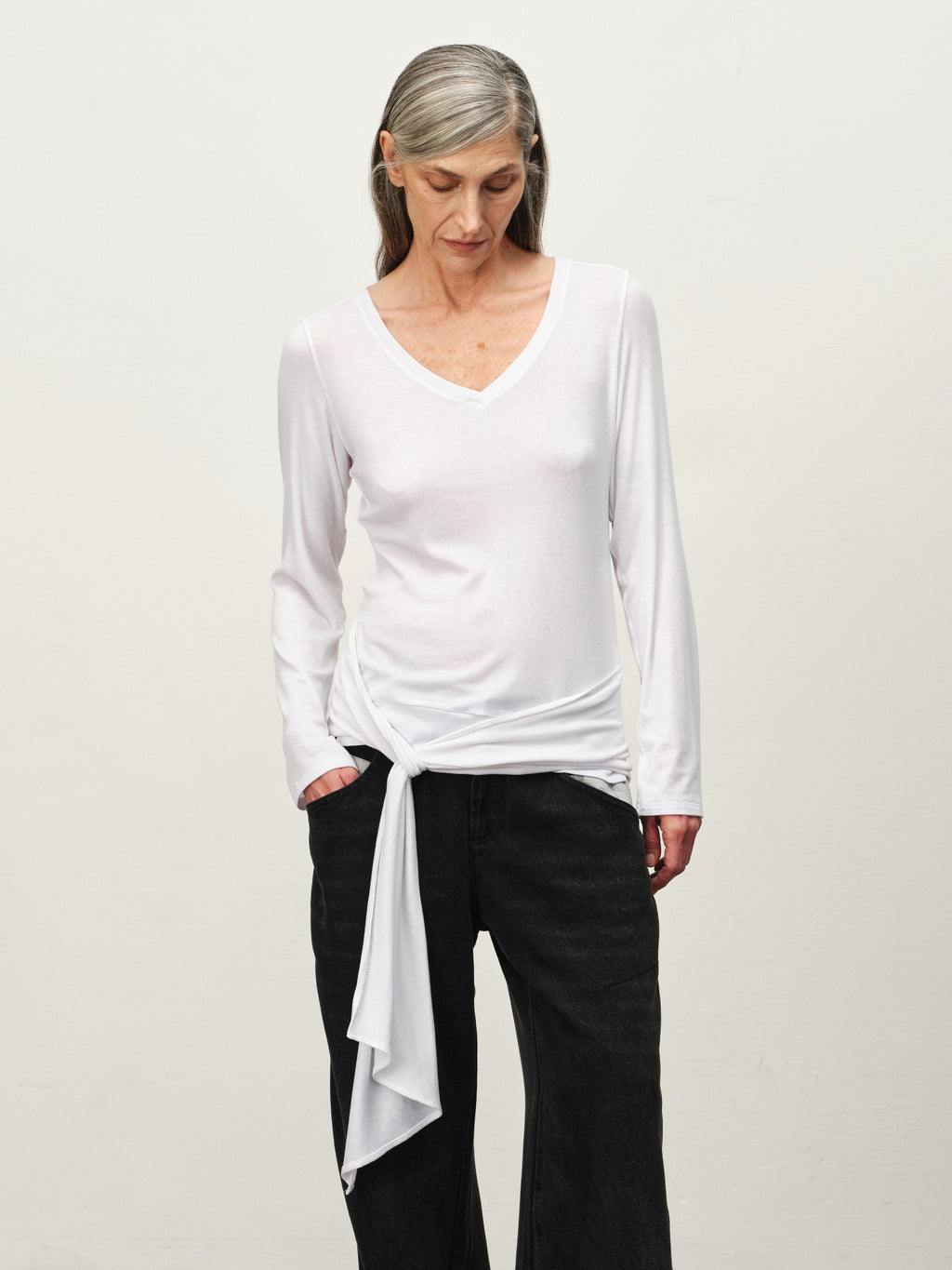 Tie-Hem V-Neck Long-Sleeve Tee