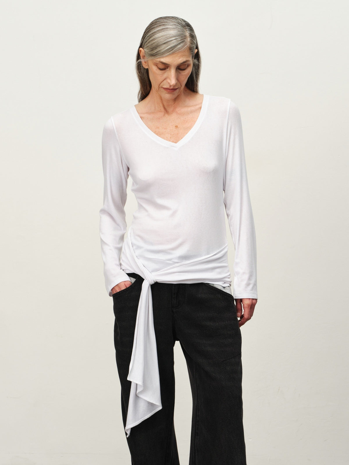 Tie-Hem V-Neck Long-Sleeve Tee