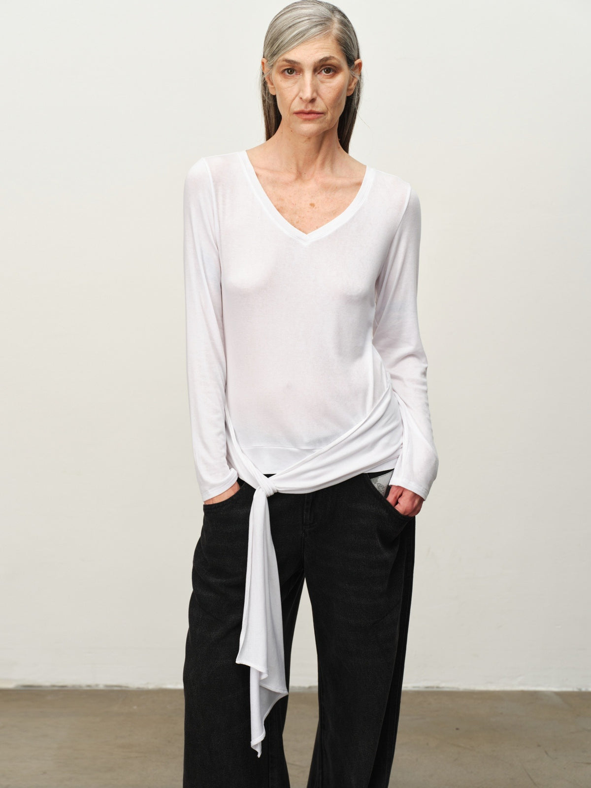 Tie-Hem V-Neck Long-Sleeve Tee
