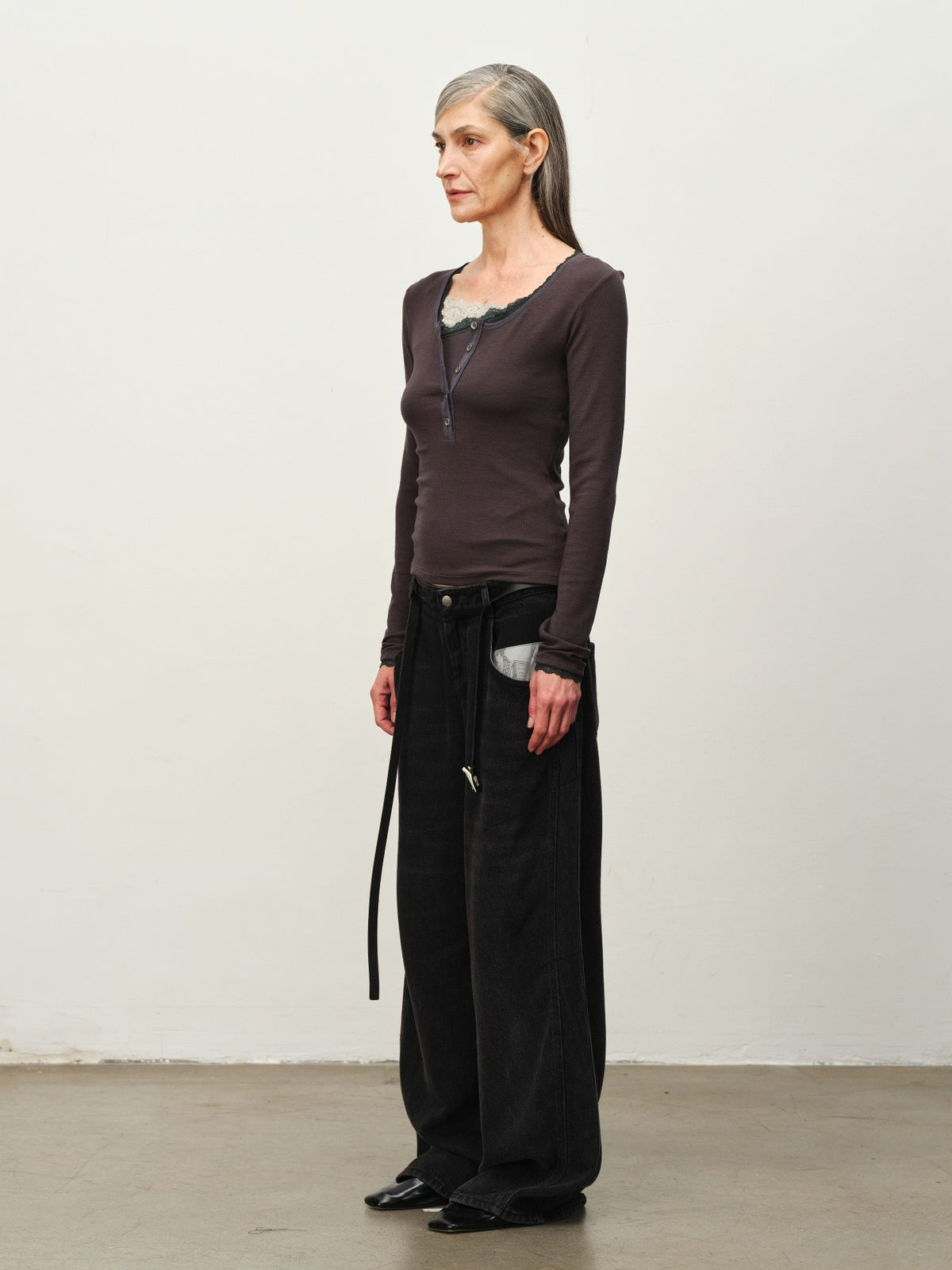 Wool-Blend Lace-Cuff Henley Top