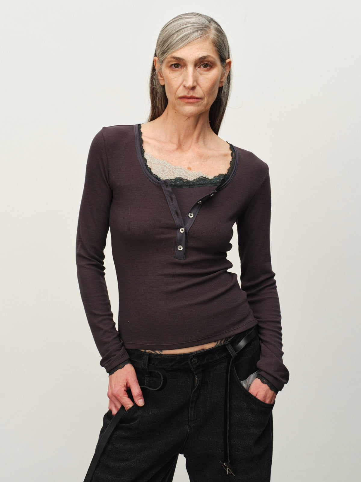 Wool-Blend Lace-Cuff Henley Top