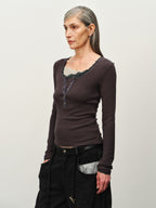 Wool-Blend Lace-Cuff Henley Top