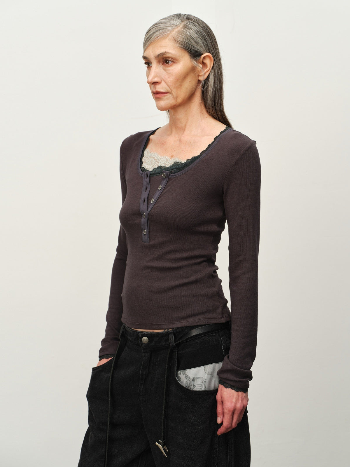 Wool-Blend Lace-Cuff Henley Top