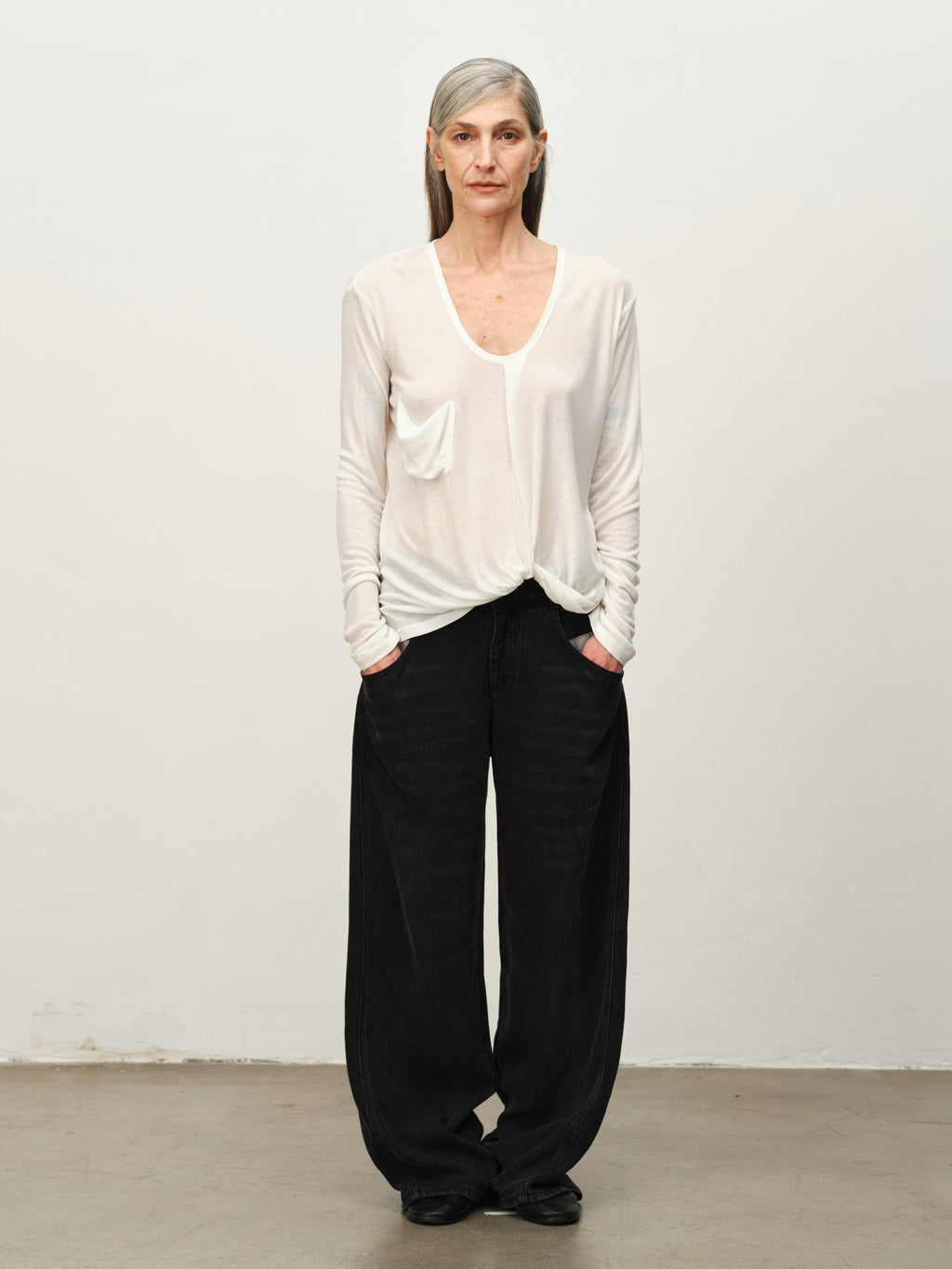 Twist-Hem U-Neck Long-Sleeve Tee