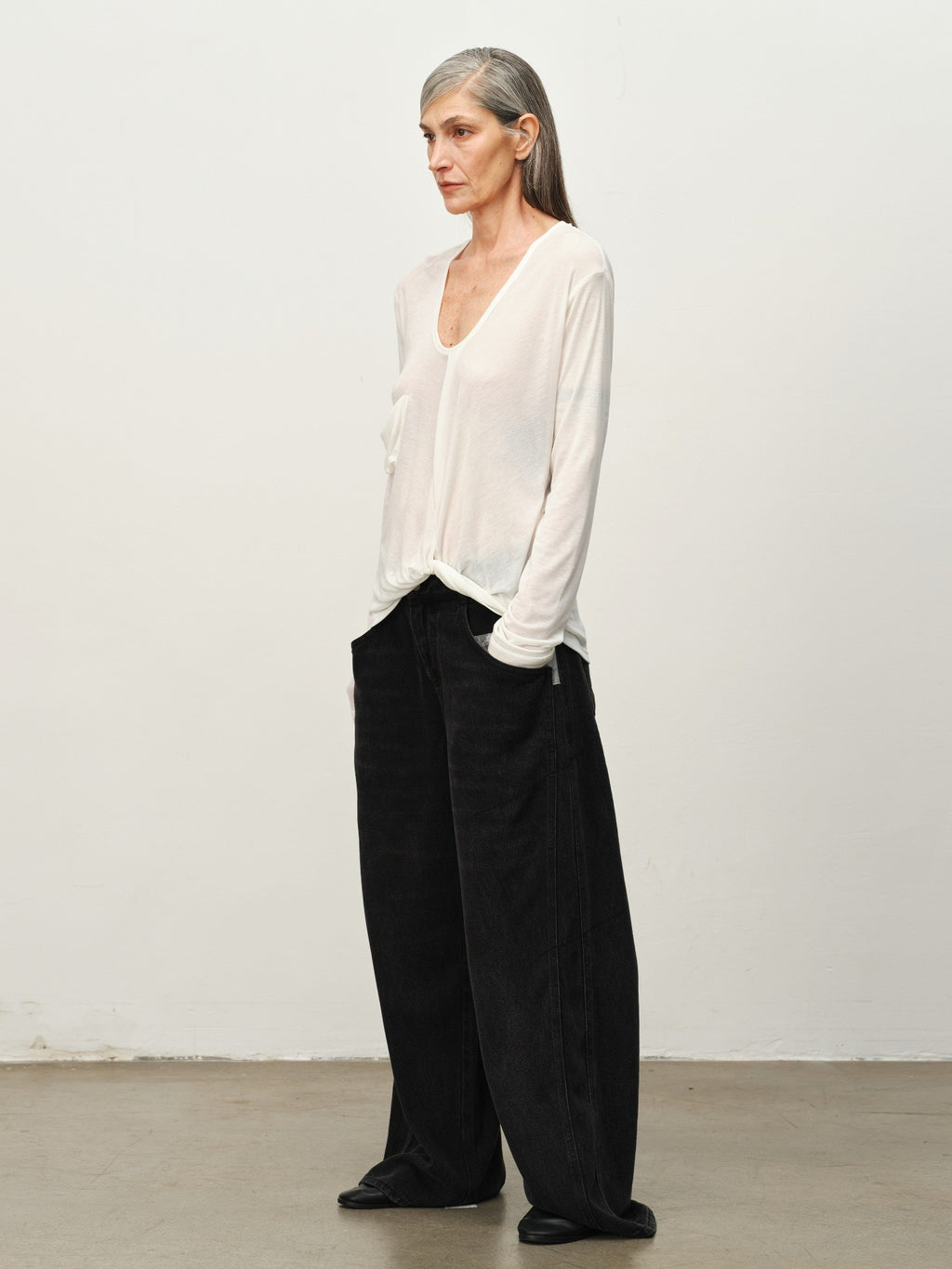 Twist-Hem U-Neck Long-Sleeve Tee