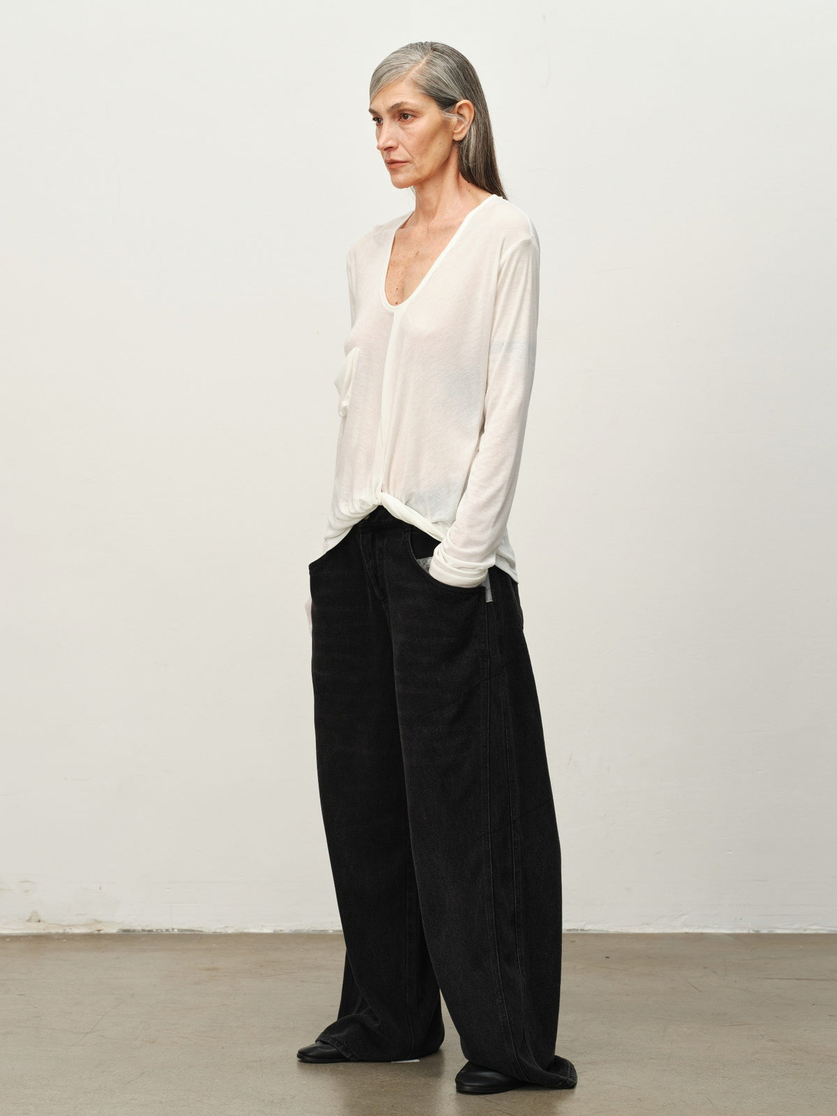 Twist-Hem U-Neck Long-Sleeve Tee