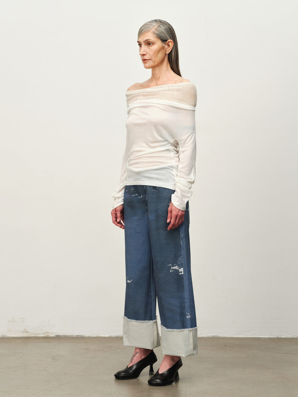 Linen-Wool Cowl Neck Off-Shoulder Top