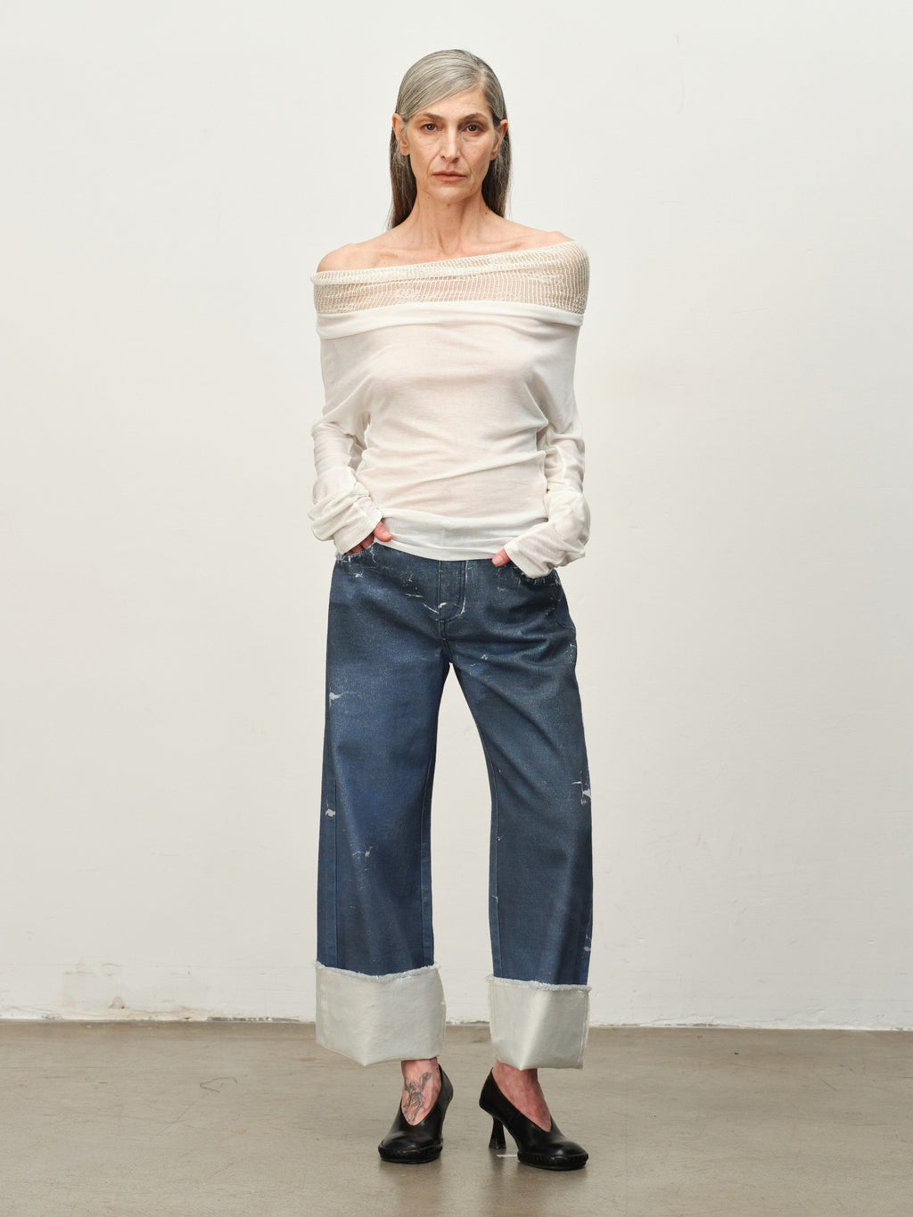 Linen-Wool Cowl Neck Off-Shoulder Top