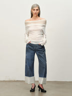 Linen-Wool Cowl Neck Off-Shoulder Top