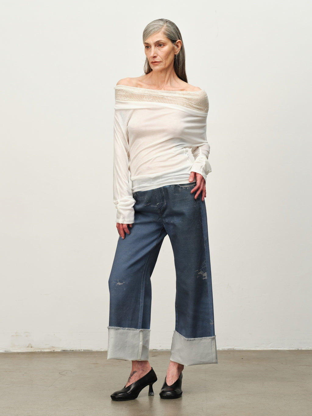 Linen-Wool Cowl Neck Off-Shoulder Top