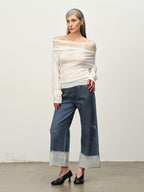 Linen-Wool Cowl Neck Off-Shoulder Top