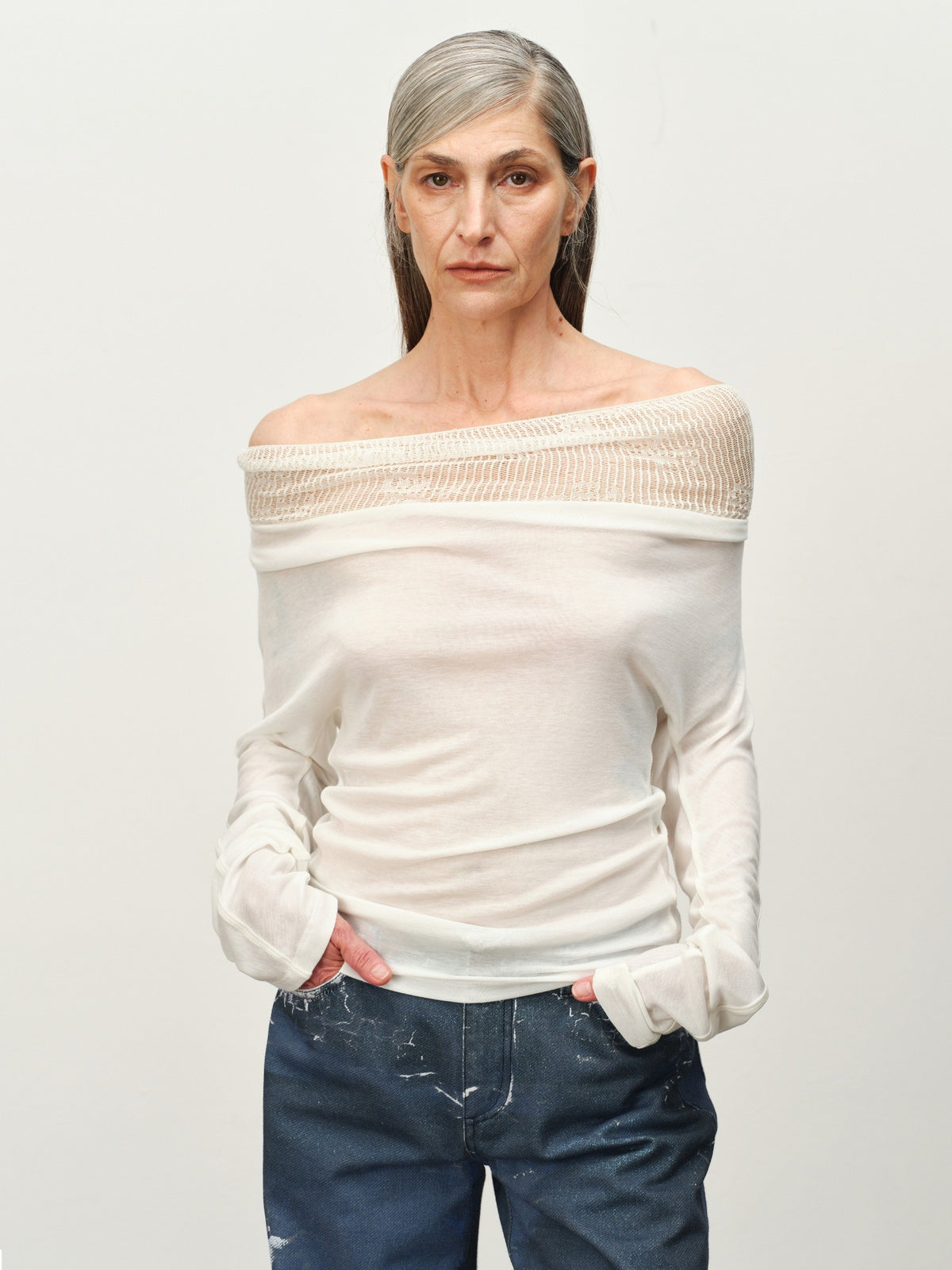 Linen-Wool Cowl Neck Off-Shoulder Top