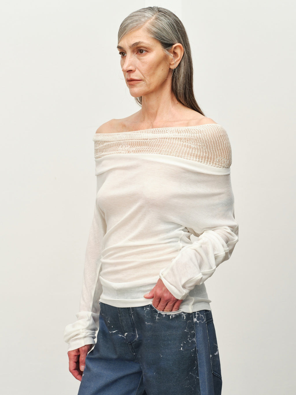 Linen-Wool Cowl Neck Off-Shoulder Top