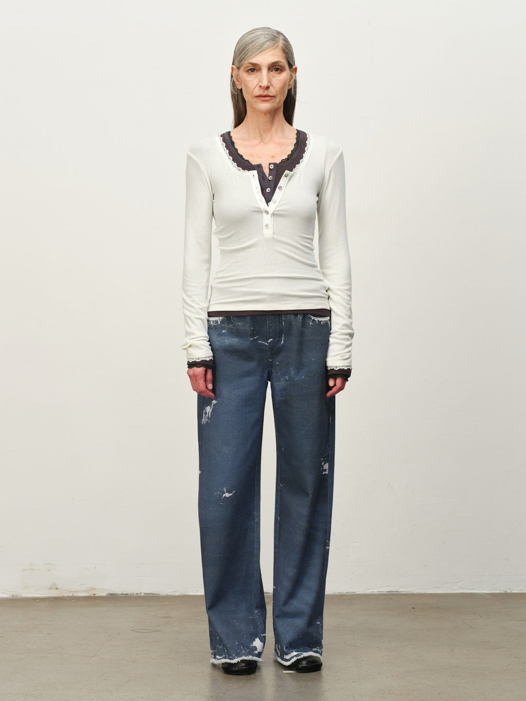 Wool-Blend Lace-Cuff Henley Top