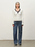 Wool-Blend Lace-Cuff Henley Top